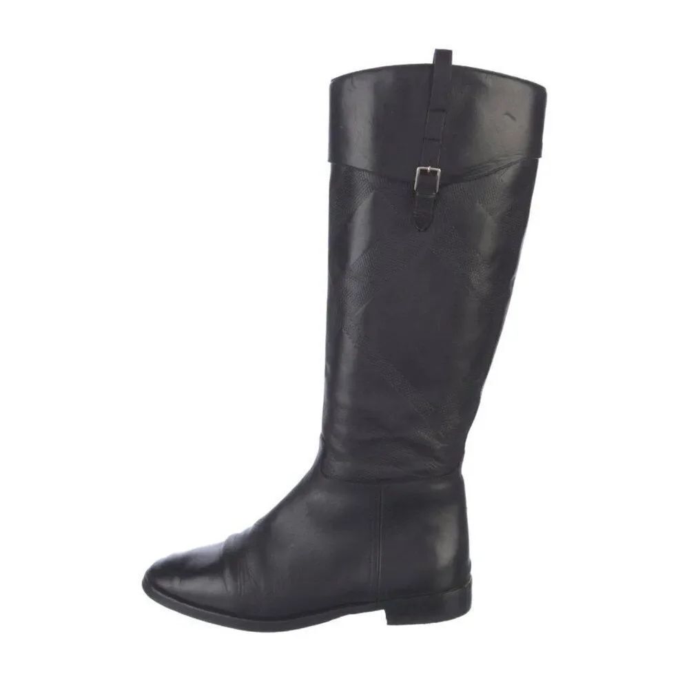 Burberry Authentic Solid Black Leather Riding Boots Knee High Equestrian Italy 8